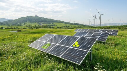 Poster - renewable energy farm with solar panels and wind turbines powering the smart grid infrastructure of 