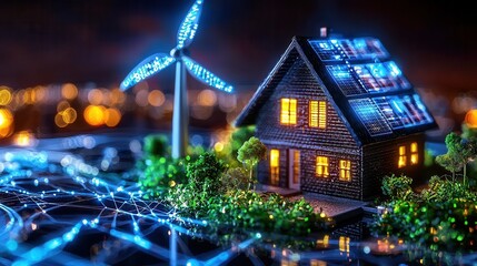 Poster - illuminated smart energy grid cottage nestled in a snowy rural landscape with a digital dashboard ma