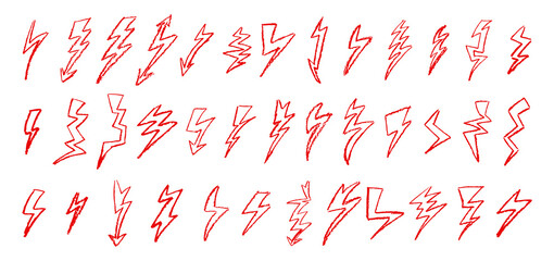 Wall Mural - set of lightning by wax pencil drawing. collection of handdrawing chalk , light flash signs, doodle 