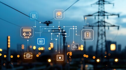 Poster - aerial view of an ultra modern smart energy infrastructure system with interconnected power grids tr