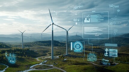 Poster - ultra modern smart energy infrastructure with interconnected wind turbines harnessing renewable powe
