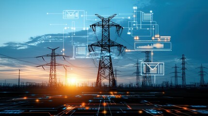 Poster - ultra modern smart energy network with glowing digital landscape and power lines at sunset futuristi