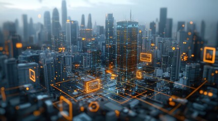 Poster - Futuristic metropolis with a glowing cityscape and intricate digital infrastructure  Skyscrapers technology and connectivity create a visually stunning innovative urban landscape