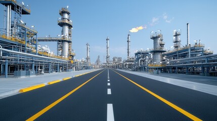 Poster - this image showcases a wide angle aerial view of a massive oil refinery complex with numerous interc