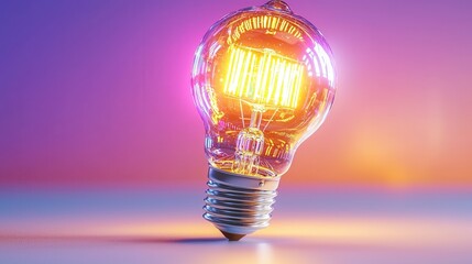 Poster - Glowing incandescent light bulb against a colorful gradient background symbolizing innovation creativity and the power of new ideas  The warm