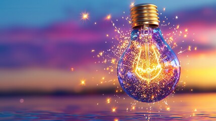 Poster - Futuristic and 3D rendering of a glowing electric light bulb with bursting sparks luminous energy and a surreal digital aesthetic  The image conveys a sense of creativity imagination