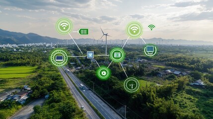 Poster - aerial view of a futuristic smart grid system integrating solar power wind turbines and intelligent 