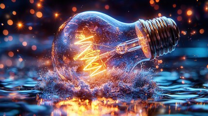 Poster - A 3D visualization of a luminous lightbulb surrounded by a splash of water creating a dynamic and surreal scene with glowing ripple effects and refractions in the liquid