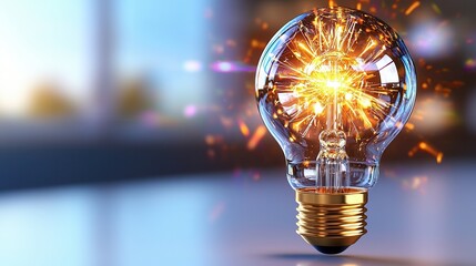 Poster - Mesmerizing 3D visualization of a modern glowing incandescent lightbulb against a vibrant radiant and atmospheric backdrop conveying a sense of innovation technology and creative