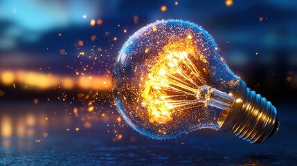 Poster - Mesmerizing 3D depiction of an illuminated lightbulb bursting with radiant energy innovation and a sense of boundless creativity  This digital artwork captures the dynamic