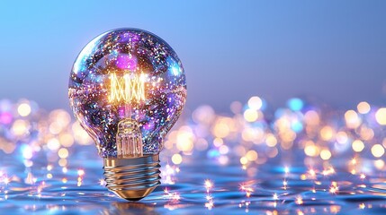 Poster - Close up of a glowing illuminated and radiant light bulb with sparkling celestial and cosmic effects creating a sense of innovation creativity and brilliance  The bulb emits a luminous
