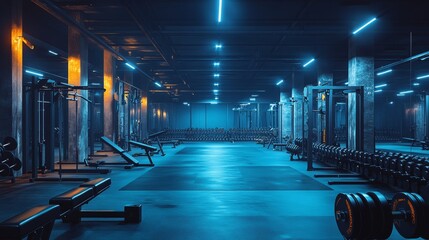 Poster - Wide angle photography of an empty modern gym room interior full of weights, bars and racks. Strong artificial bright lighting illuminating the room, nighttime shadows, nobody, 32k Resolution