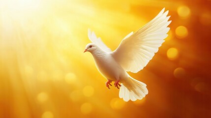 Poster - Minimalist white dove in front of a glowing sun with soft golden colors creating a serene atmosphere of peace and hope