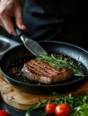 Aufkleber - Cook prepares a perfect steak with rosemary and fresh vegetables in a restaurant kitchen under soft cold light