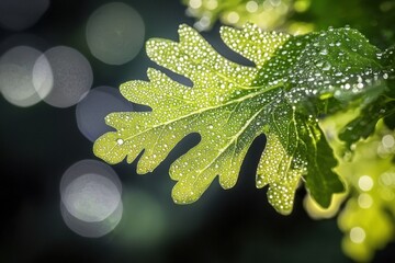 Poster - A close-up of green leaf covered with water droplets and bokeh background showcases nature's beauty and freshness, adding a dreamy, ethereal quality to the scene.
