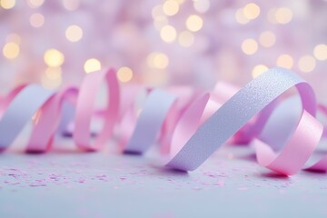 Poster - Soft pastel-colored streamers in pink and lavender create a dreamy ambiance, complemented by gentle sparkles and a softly blurred background, perfect for celebrations