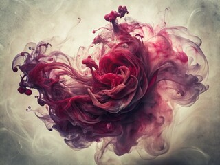 Poster - Vintage Abstract Ink Art: Dark Plum Red & Grey Swirls on White