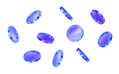 Wall Mural - 3d flying holographic or neon coins with different angles. stock vector illustration on isolated bac