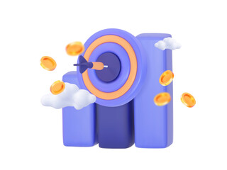 Poster - Vector 3D illustration of a dartboard target on a growth chart, surrounded by golden coins and clouds. Symbolizes target marketing, financial success, and strategic planning. 