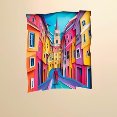 Poster - Amstetten, Austria, paper cut illustration - A person walking down a street in a colorful city