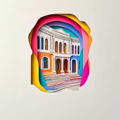Poster - Cheltenham, England, paper cut illustration - A building with a rainbow colored arch in the middle