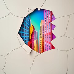 Poster - Garland, Texas, paper cut illustration - A colorful city is seen through a hole in a paper