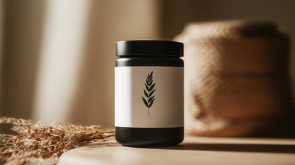 Aufkleber - Elegant minimalist spice jar design showcasing black and white herbal branding with a natural setting