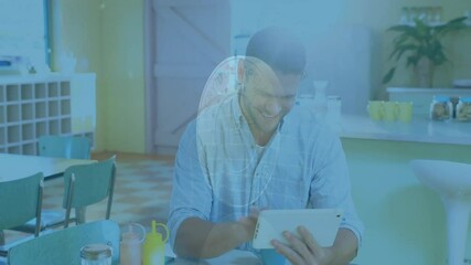 Poster - Man using tablet at cafe with cryptocurrency emblem overlay animation