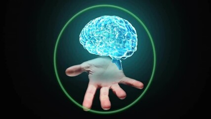 Poster - Animation of glowing brain and hand in green oval on dark background