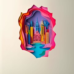Poster - Philadelphia, Pennsylvania, paper cut illustration - A paper cut of a city with a clock tower