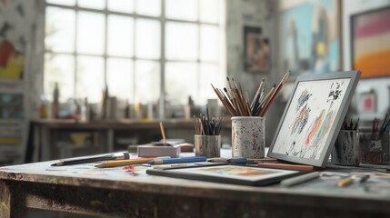 Aufkleber - Creative workspace filled with diverse artistic tools including brushes, pencils, and digital tablets
