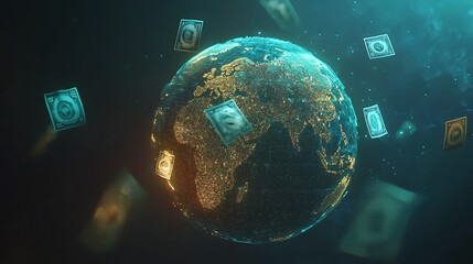 Wall Mural - digital globe with currency icons floating, symbolizing a worldwide financial system
