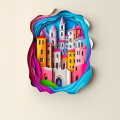 Poster - Perugia, Italy, paper cut illustration - A paper cut of a city with a rainbow colored building