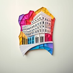 Poster - Monterrey, Mexico, paper cut illustration - A paper cut of a building with a rainbow umbrella