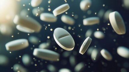 Poster - Floating pills captured in zero gravity with soft shadows and cinematic lighting in an abstract medical composition featuring intricate details