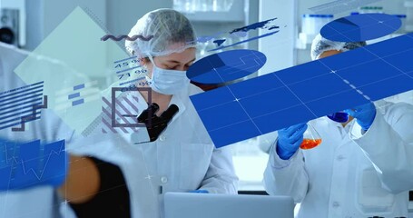 Aufkleber - In lab, scientists analyzing data with animation of charts and graphs overlay