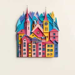 Poster - Winterthur, Switzerland, paper cut illustration - A colorful city with a clock tower and a mountain