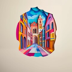 Poster - Carlisle, England, paper cut illustration - A colorful picture of a street with a clock tower