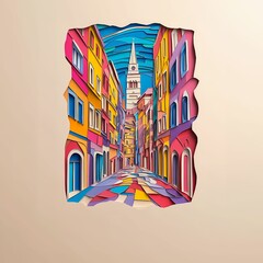 Poster - Rijeka , Croatia, paper cut illustration - A colorful city street with a clock tower