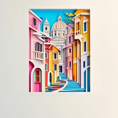 Poster - Rome, Italy, paper cut illustration - A city with a clock tower