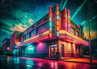 Poster - Vintage Neon Architecture: Evolving Textured Background - Retro Cityscape Stock Photo