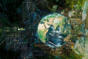 Wall Mural - earth surrounded by abstract digital circuits, representing global technological advances
