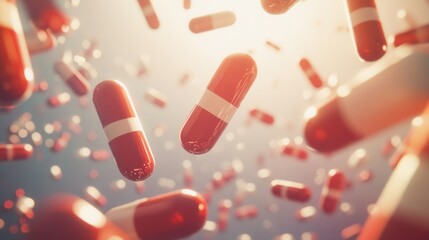 Poster - Suspended capsules float gracefully in zero gravity with soft shadows and cinematic lighting showcasing an abstract medical theme