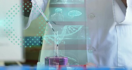 Poster - Scientist using pipette in laboratory with digital data overlay animation