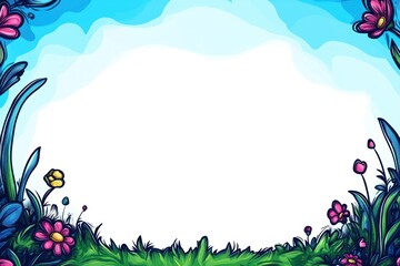 Aufkleber - Cartoon field with flowers, grass, blue sky, and clouds frame. Blank center
