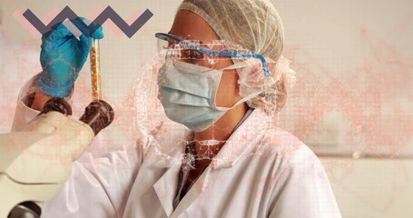 Poster - Scientist in lab coat examining sample with data processing animation overlay