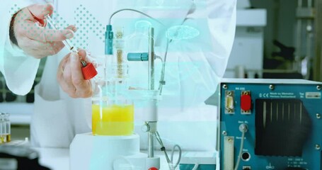Poster - Conducting experiment, scientist using laboratory equipment with digital animation overlay