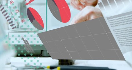 Poster - Holding syringe, hands with data charts and animation overlaying school scene
