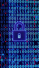 Poster - Digital security padlock icon in blue neon surrounded by binary code symbolizes cybersecurity