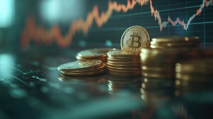 Poster - Bitcoin coins on a digital display with a stock market graph.  Possible use stock photo for financial articles